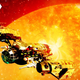 A spaceship crosses a fiery sun on a crop of the cover of Stars and Bones by Gareth L. Powell.
